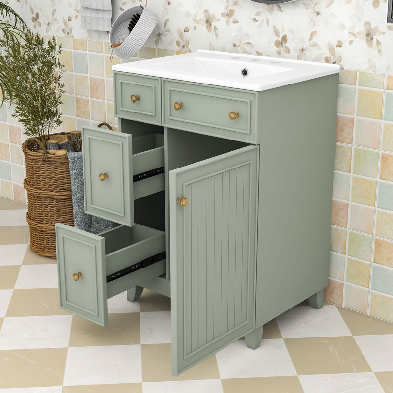 Meuble-lavabo compact avec lavabo en céramique 24 po, Vert, Doré