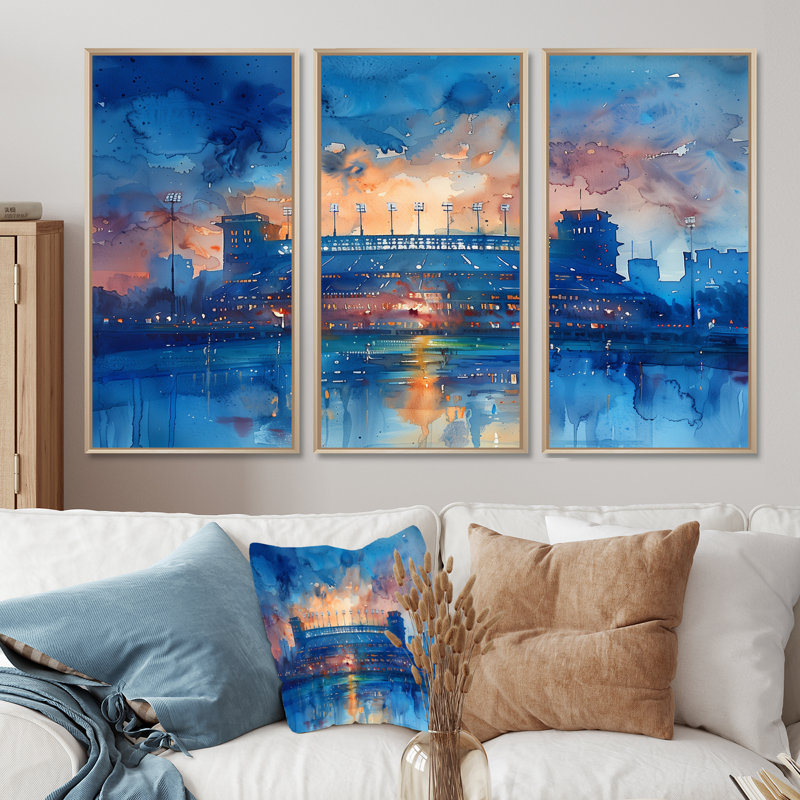 «Blue Orange Footbal Stadium At Night - Stades», ensemble de reproduction d'art mural, Toile naturelle avec cadre flottant