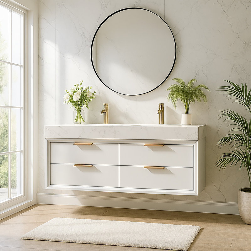 48" Wall-Mounted Double Sink Bathroom Vanity With White Stone Countertop, LED Light & 6 Soft-Close Drawers, Modern Design
