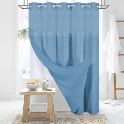 Waffle Instant Install Hook Shower Curtain with Snap-in Liner and Mesh Top Window, Modern Simple Elegant Fabric Shower Curtain Set for Bathroom
