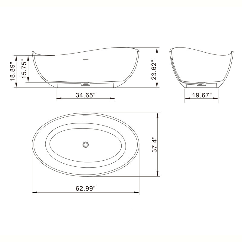 Baignoire de trempage autoportante de 63 po x 37,4 po à surface solide 63 po x 37,4 po, Noir