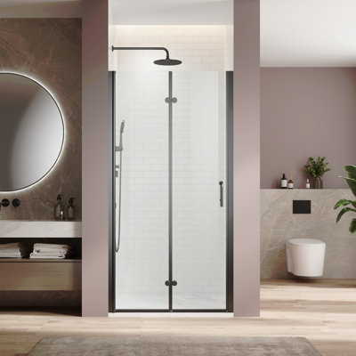 Bifold Swing Double Glass Panel Shower Door 30 In.W X 72 In.H,Adjustable Frameless Shower Door With 1/4 Inch Clear Tempered Glass,Matte Black Hardwares