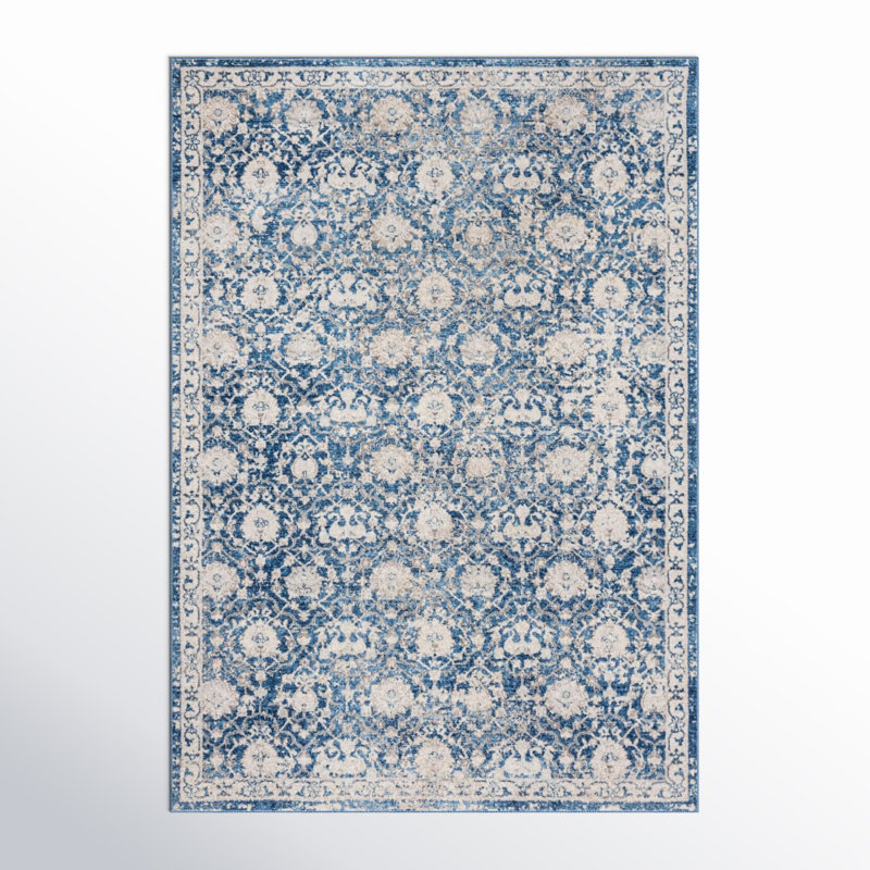 Navy and Creme Rectangular Oriental Synthetic Rug