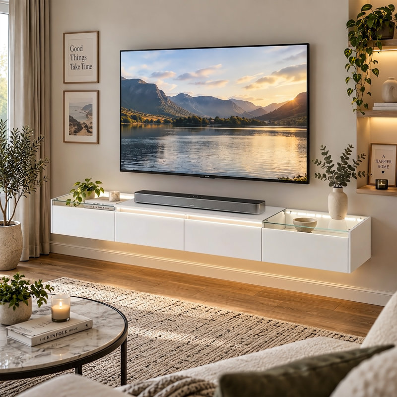 200cm White Floating TV Unit with 4 Flip Doors, Glass Display Ends & 3-Colour LED