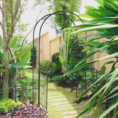 86" Garden Arbor Arch Gate With Trellis Sides For Climbing Plants, Wedding Ceremony Decorations, Grape Vines With Locking Doors, Planter Baskets, Flourishes & Arrow Tips, Black