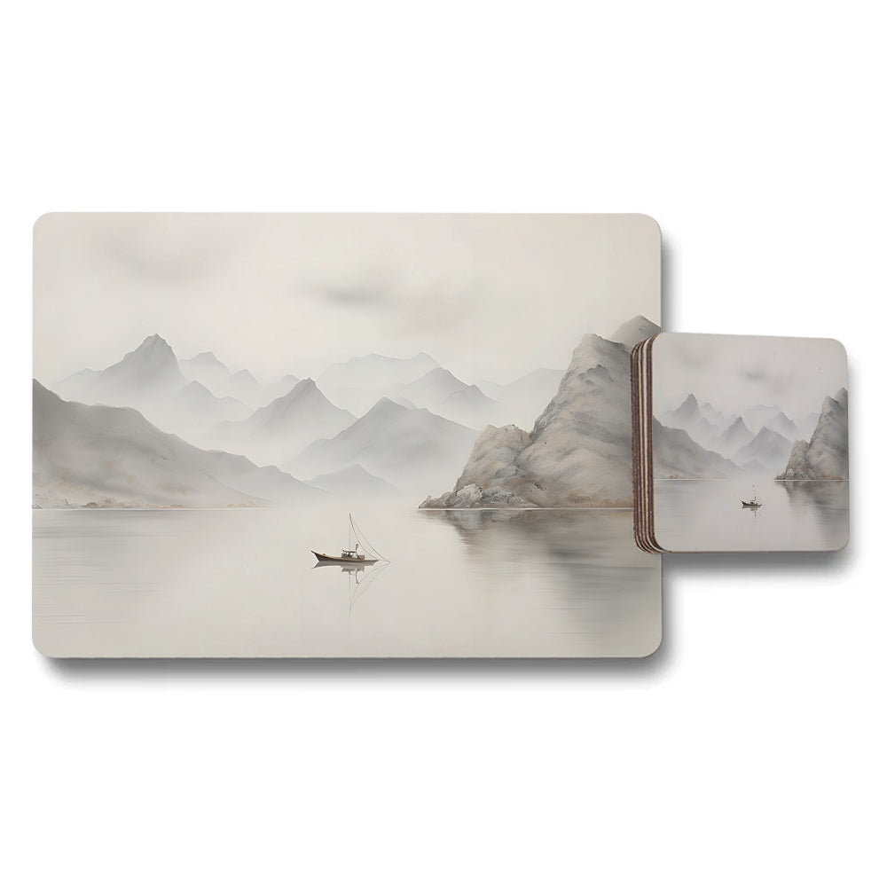 Misty Mountain Lake Placemat And Coaster Set With Boat Scene