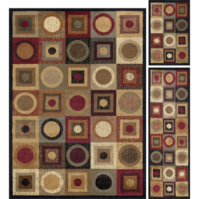 Davrona Contemporary Abstract Circles & Squares Multi-Color 3-Piece Rug Set: (5' X 7', 20'' X 60'', 20'' X 32'')