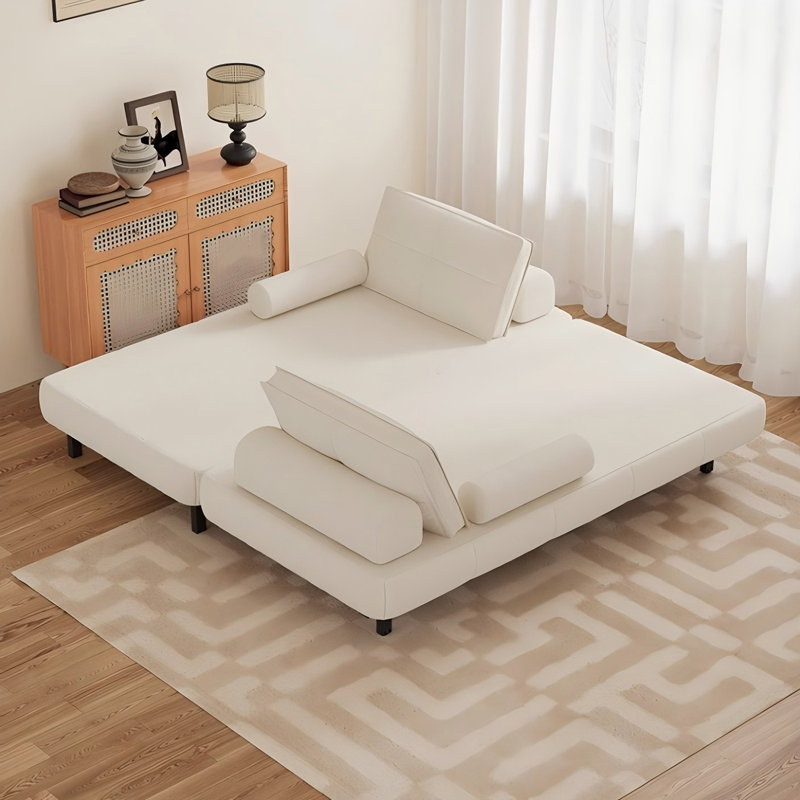 Cream Modern Minimalist Leather Sofa Bed with Cushions, 14.96" H x 47.24" W x 37.40" D