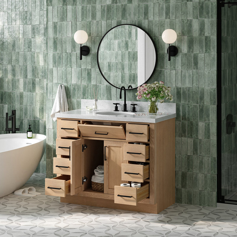Meuble-lavabo simple en bois massif 42 po avec plateau en marbre Carrara de 1,5 po Thornaby, Chêne naturel / noir mat, Ovale