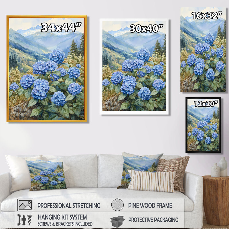 Hortensias dans la prairie de montagne III - hydrangées, art mural, Impression encadrée flottante, H 32 po x l 16 po