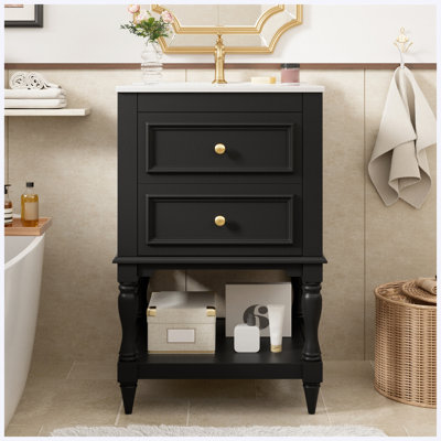 Meuble-lavabo rétro 20 po avec lavabo en céramique, armoire de rangement avec tablette ouverte et 2 tiroirs