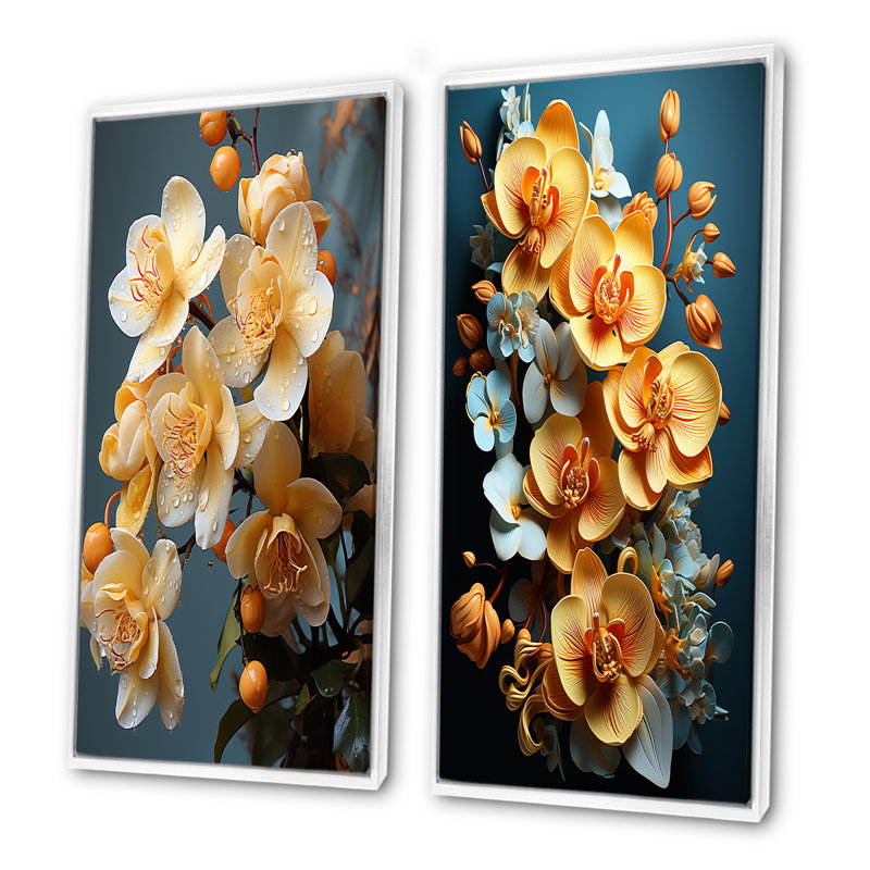 Golden Opulence - ensemble d'orchidées murales, ensemble de 2, Cadre blanc, H 32 po x l 33 po