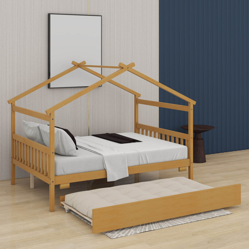 Lit double en bois avec lit gigogne simple, Naturel, Double