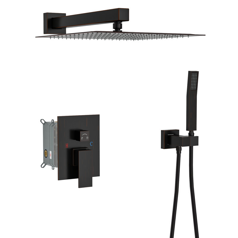12 Inch Oil Rubber Bronze Shower With Dual Heads - Wall Mounted Square Head Mount, Oil Rubber Bronze