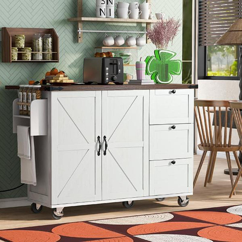 Îlot de cuisine de 54,5 po avec prise de courant, îlot de rangement de cuisine avec support de rangement interne, abattant, support à épices, chariot de cuisine sur roulettes, pour la maison, la cuisine et la salle à manger, blanc