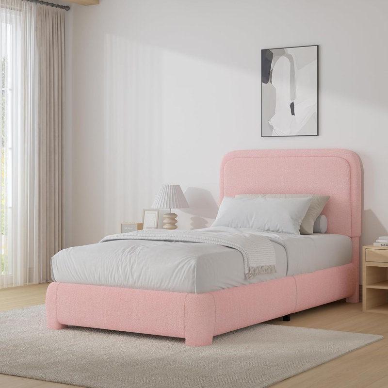 Lit plateforme tapissier Bensu Boucle, Lit simple, Gris