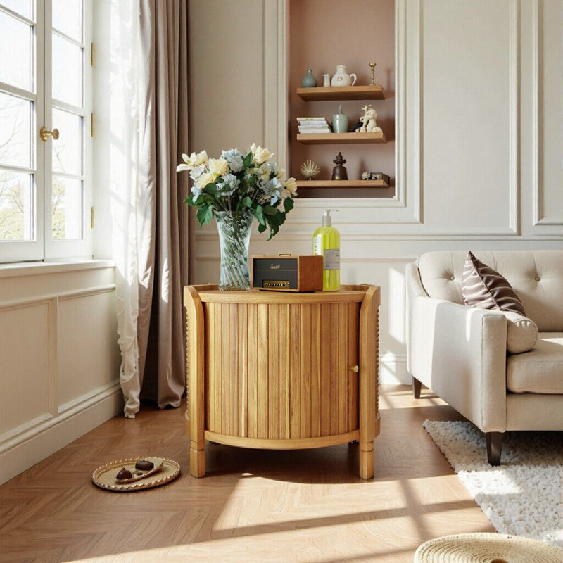 Modern Round Rotating Coffee Table With Rattan Accents & Hidden Storage