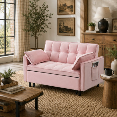 55'' Velvet 3-in-1 Convertible Sleeper Loveseat with Pull-Out Bed & Adjustable Backrest