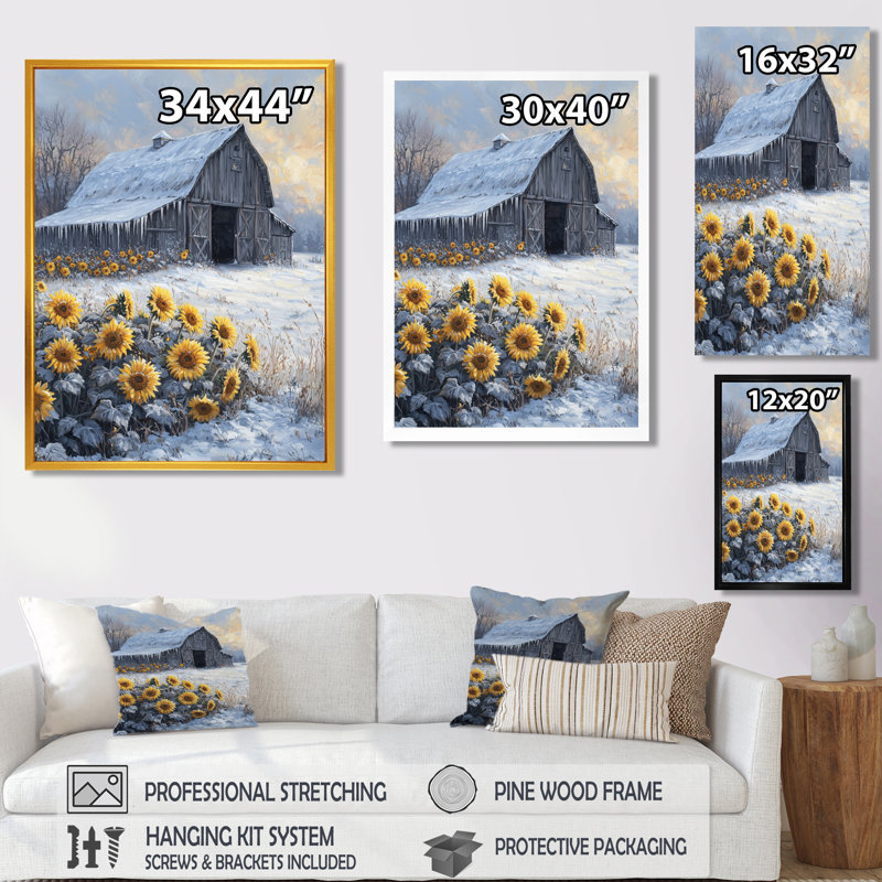 Dondrell Winter Sunflowers by The Ice Covered Barn I - Art mural tournesols, Reproduction avec cadre flottant, Blanc