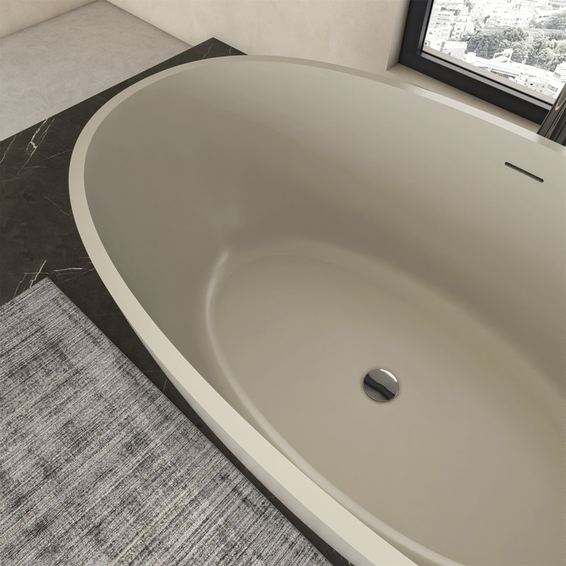 55 Inch Freestanding Solid Surface Soaking Bathtub For Bathroom, Light beige