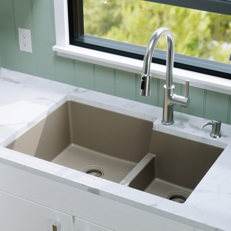 Karran Quartz 32'' X 21-1/4'' 60/40 Double Bowl Undermount Kitchen Sink, Concrete