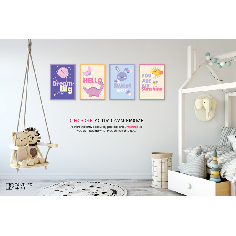 Dream Big, Hello Dinosaur and Moon, Sweet Boy, and You Are My Sunshine 4 Piece Wall Art, 29.7cm H x 21cm W