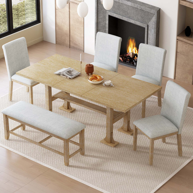 Ensemble de table de salle à manger extensible 6 pièces Farmhouse, Naturel