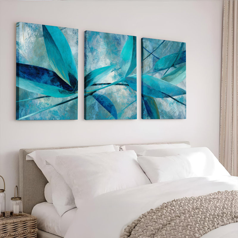 «Abstract Blue Leaves», ensemble de 3 reproductions d'art sur toile tendues sur toile, H 24 po x l 48 po