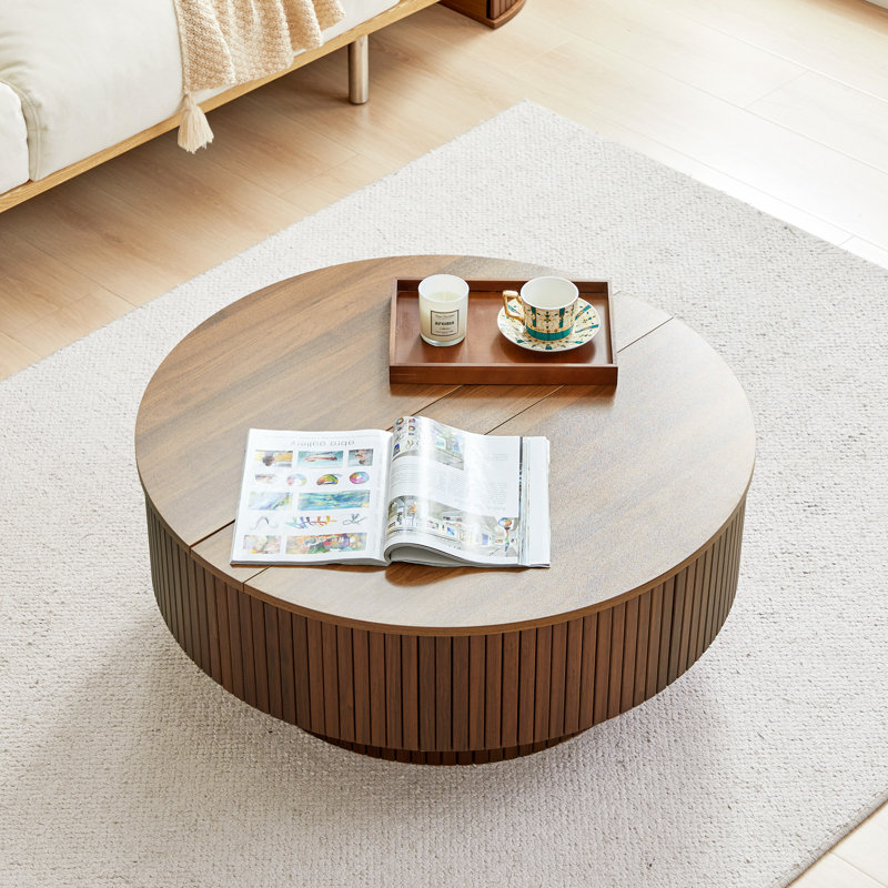 Mid Century Modern Round Lift Top Coffee Table With Storage, Walnut