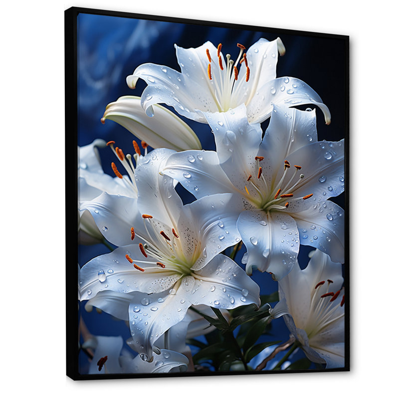 Fleurs sérénité en blanc - Impression sur toile, 44" H x 34" W, Cadre flottant noir