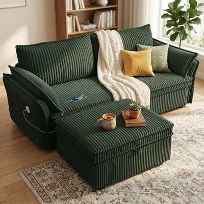 85" Convertible Sleeper Sofa Bed, 2-in-1 Loveseat Sofa with USB ChargingPort, Corduroy Couch for Living Room & Guest Use,Green