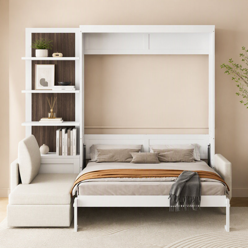 Lit escamotable Queen Size avec canapé et étagères, design gain de place pour un mode de vie moderne et une efficacité maximale