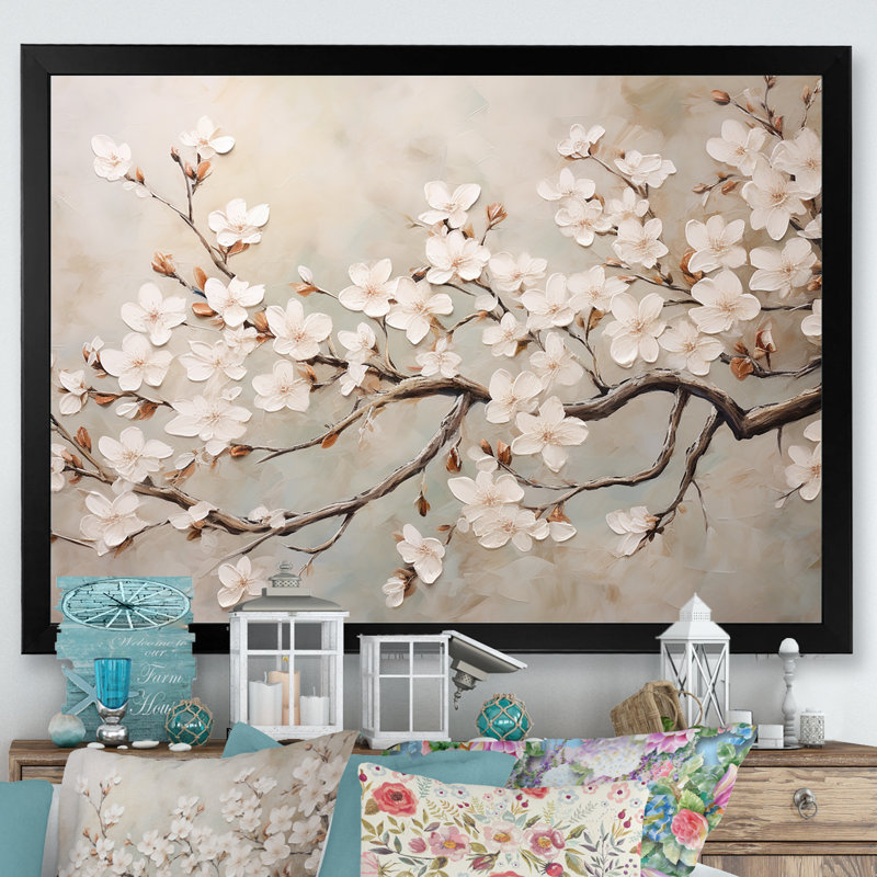 Minimalisme blanc et gris Cherry Blossom III - art mural Cherry Blossom, H 24 po x l 32 po x P 1 po, Cadre noir