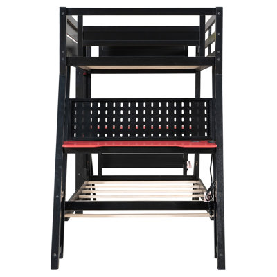 Twin Size Bunk Bed with Two Built-In Gaming Desks, USB Desktop Ports & Pegboard Organizer, Gaming Bunk Frame for Gamer, Red
