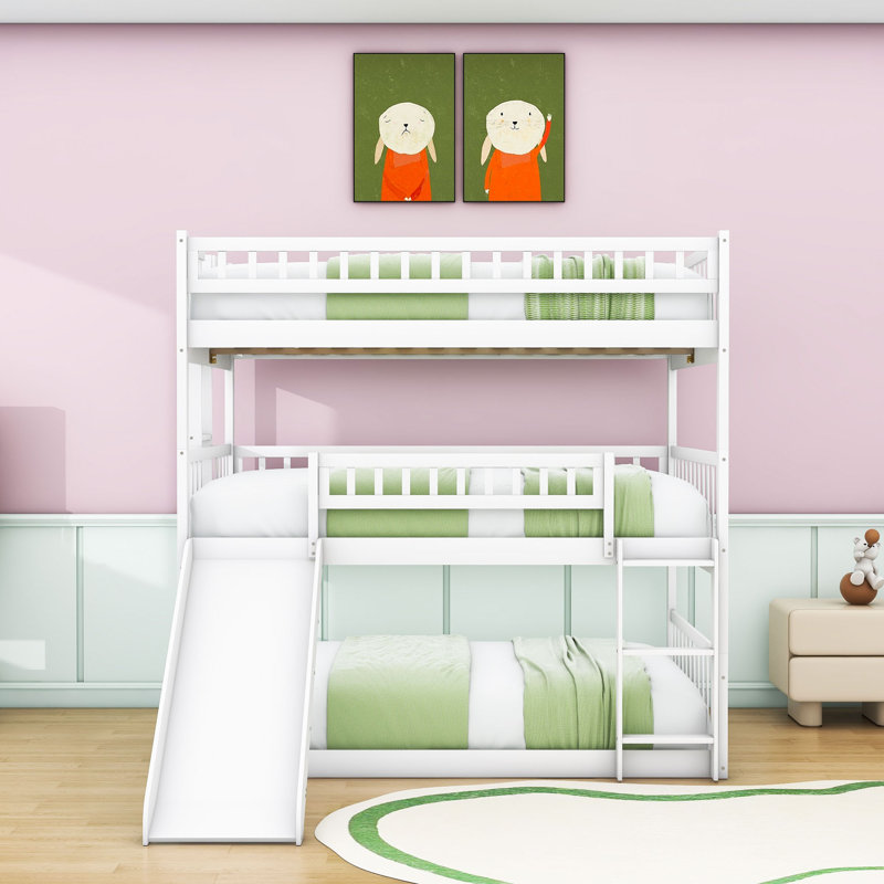 Full Over Full Over Full Bunk Bed With Convertible Slide And Ladder,Guardrails, White