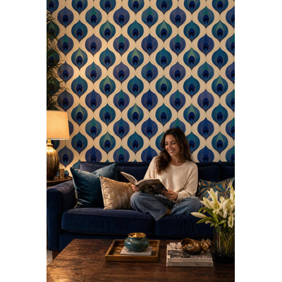 Peacock Feather Wallpaper Blue And Teal Gold Linework Decorative Mural