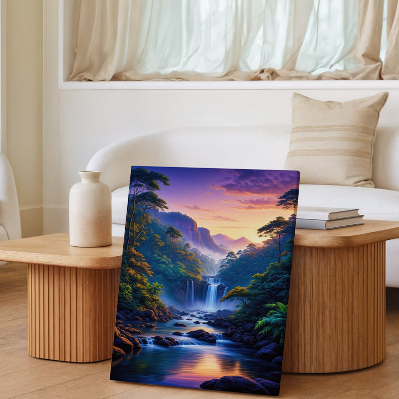 Toile, "Vibrant Lush Jungle Scene At Sunset", art mural cascades qui coule dans une rivière sereine, H 12 po x l 9 po