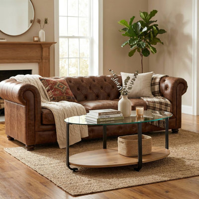 Sturdy Scratch Resistant 2 Tier Oval Glass Top Coffee Table With Durable Wooden Open Storage Shelf For Living Room