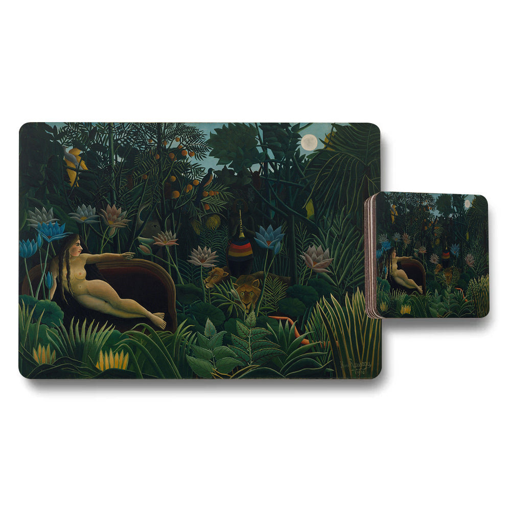 Jungle Scene Placemat And Coaster Set With Reclining Figure Artwork