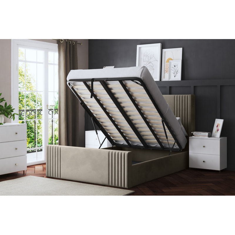 Elara Winged Ottoman Panel Bed with Headboard, Small Double (4'), Blue, Lift Up Storage
