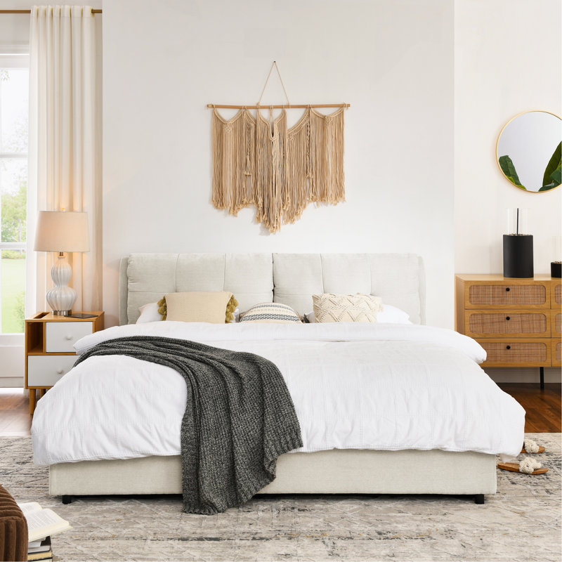 Très grand lit plateforme tapissier hydraulique avec tête de lit intégrée, tissu chenille, beige