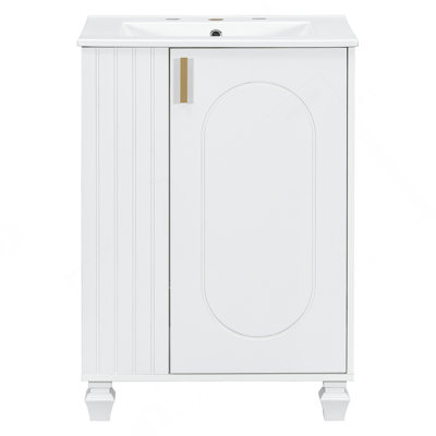 Meuble-lavabo de salle de bain avec lavabo, armoire avec tablette de porte, rangement latéral, cadre en bois massif et porte à fermeture douce pour une utilisation pratique