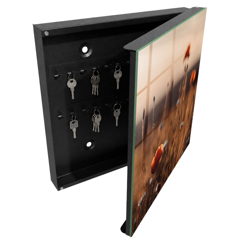 Key cabinet for wall, Opens to the left, 30x30x5, Black, poppy fields at sunset, 