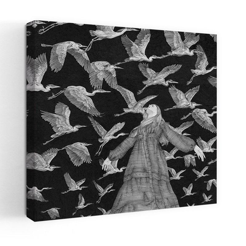 «Ethereal Woman Flying Herons», art mystérieux, oiseau, nature, paysage abstrait, 24" H x 24" W