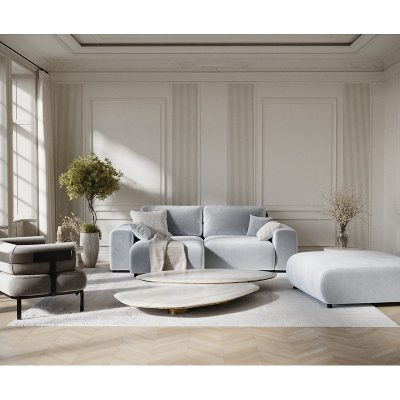 Corner Sofa with square arms, Light Grey Velvet