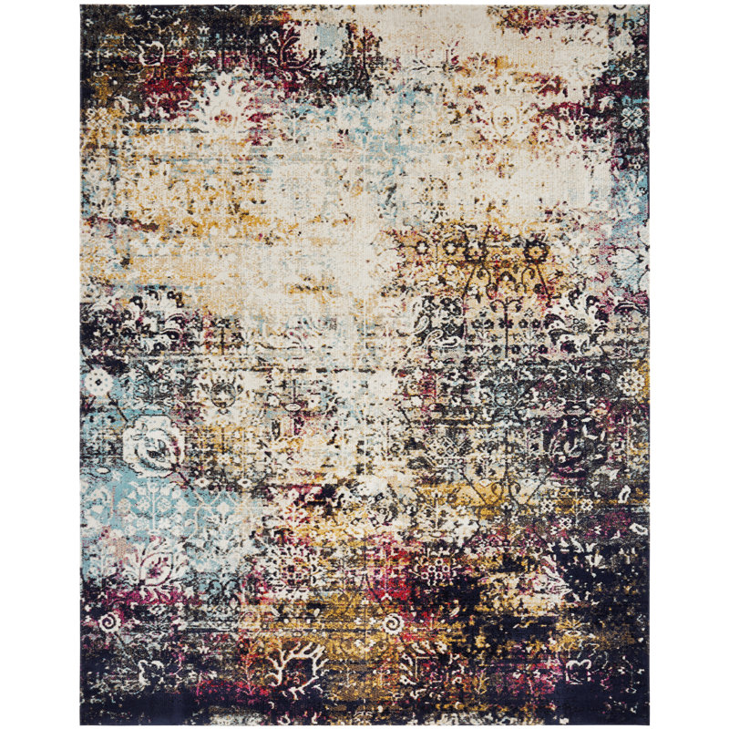 Abstract Area Rug in Ivory/Blue/Gold, Rectangle 7'9" x 9'9"
