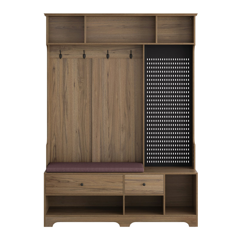 Multifunctional Hall Tree With Removable Linen Cushioned Storage Bench,DIY Pegboard And 4 Hooks, Brown