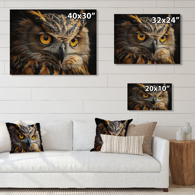 Portrait de hibou jaune - impression sans cadre sur bois, H 30 po x l 40 po x P 0,78 po