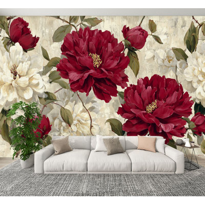 Papier peint à peler et coller rétro, peinture à l'huile intemporelle pivoines de Bourgogne, fleurs murales crème, H 100 po x l 144 po, papier peint amovible en PVC, adhésif mural pour chambre à coucher, bureau à domicile