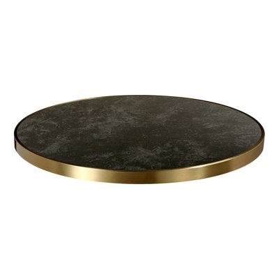 24" Round,1 1/8"  Black Sintered Stone Table Top with Subtle Cloudy Texture and and Gold Stainless Steel Edge, Indoor/Outdoor Use